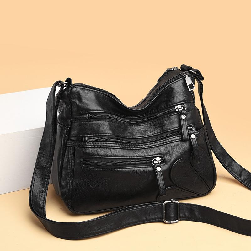 Borsa a tracolla multistrato in morbida pelle tinta unita da donna, grande capacità, borsa da viaggio multifunzionale sottobraccio