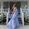 Seaside Vacation Dress Women's Summer New Celebrity Temperament Neck Halter, Blue Long Skirt