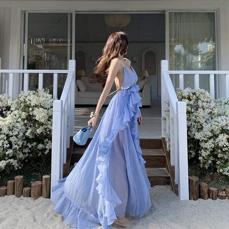 Seaside Vacation Dress Women's Summer New Celebrity Temperament Neck Halter, Blue Long Skirt