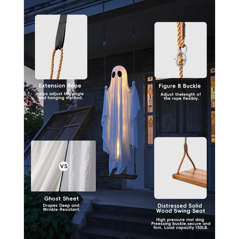 5 FT Large Hanging Swing Ghost Halloween Outdoor Decor with String Lights-Spooky Cute Ghosts Decor for Front Porch Yard Tree