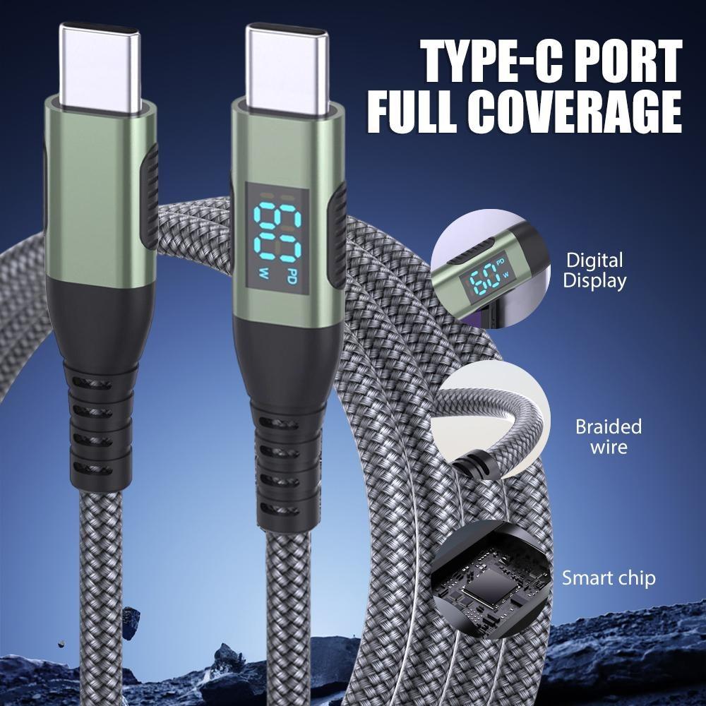 PD60W Dual Head Type-C LED Digital Display Super Fast Charger Data Transfer Braided Cord for Huawei Xiaomi Phone Charging Cable