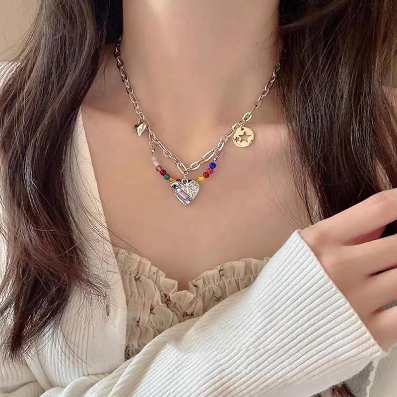 

Colorful Beaded Heart Necklace for Women - Summer Titanium Steel Clavicle Chain, Luxury Hip Hop Accessory