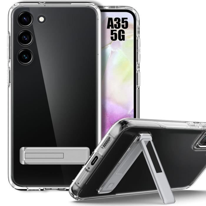 Coque pour samsung galaxy a35 5g - transparente - protection antichoc silicone avec support réglable argenté