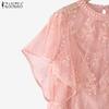 ZANZEA Women Casual Round Neck Short Sleeve Embroidery Lace Patchwork Blouse