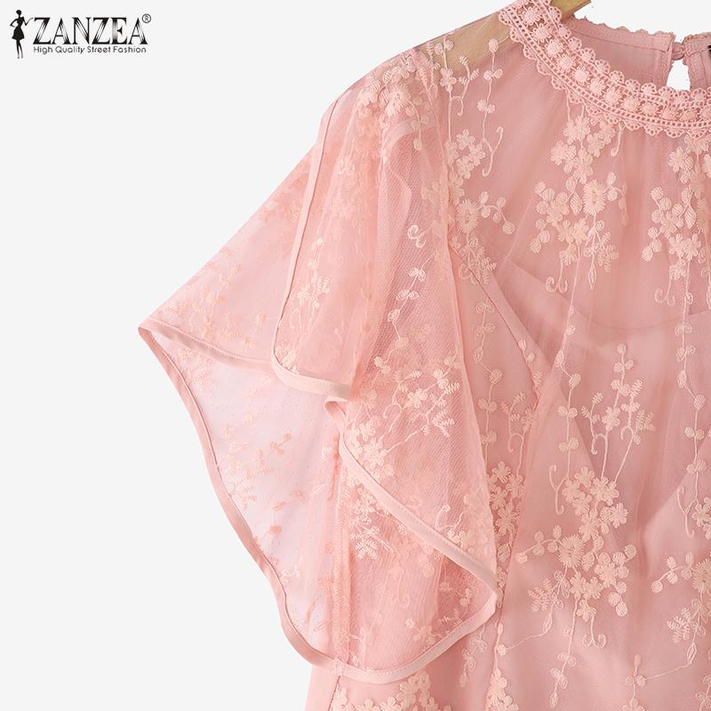 ZANZEA Women Casual Round Neck Short Sleeve Embroidery Lace Patchwork Blouse
