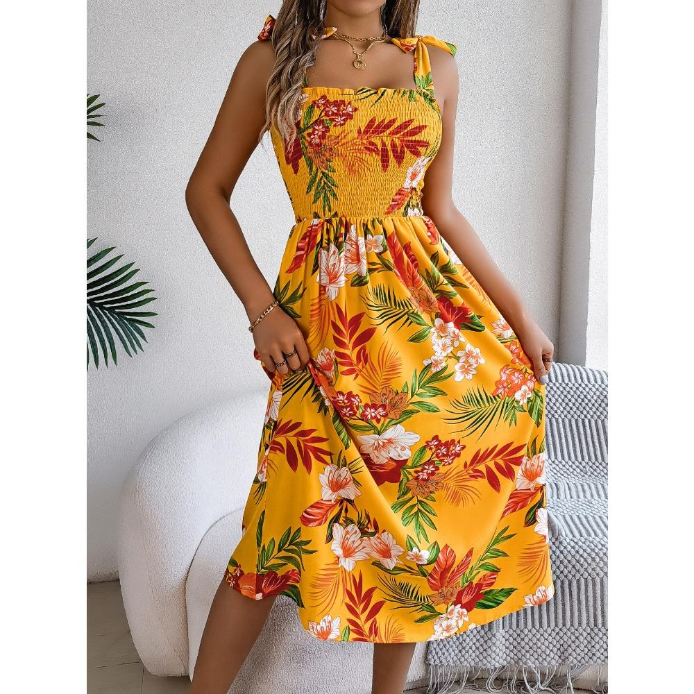 Frühlings- und Sommer-Blumen-Bindegürtel-Trägerrock Urlaub Strand Langer Rock Mode Damen Langer Rock