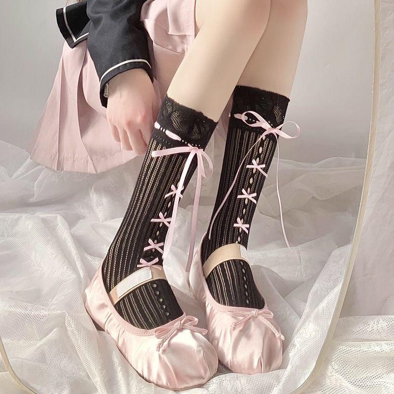 Sweet Bow Ribbon Lace Calf Socks Lolita Strappy Mid-tube Socks Soft Breathable Hollow Japanese Style Jk Socks