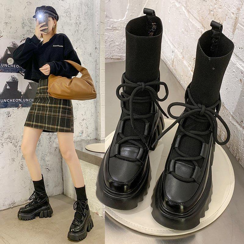 Comemore Casual Gladiator Sock Boot England Style Women Knitted Platform Ankle Boots Botas  Autumn Thick Heels Ladies Shoes