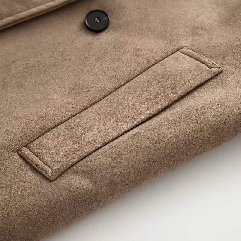 European and American Style, French Style, Women's Clothing, Fashion Lapel Pocket Decoration, Suede Effect Woolen Trench Coat