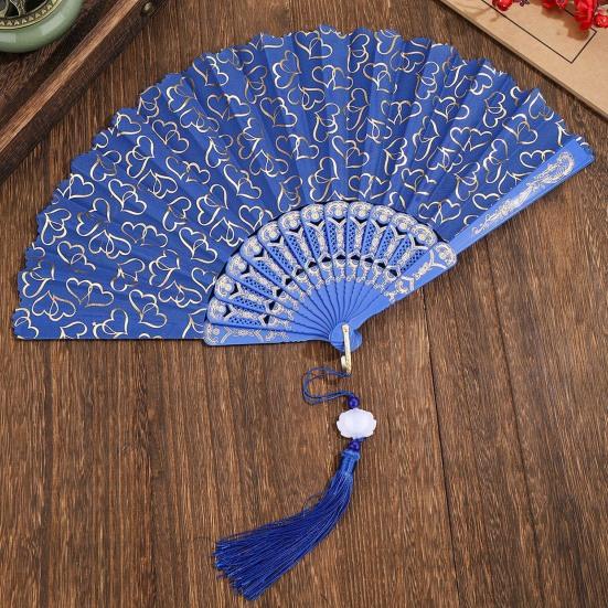 Love Heart Print Folding Fan with Tassel Chinese Style Portable Hollow Ribs Hand Fan Women Dance Performance Props Party Favors