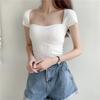 Actual Price Summer Sexy Arc Neckline Knit Shirt Short Section Navel Short-sleeved Tops Casual Essential Comfort and Style Slim Fit Pullovers Tees