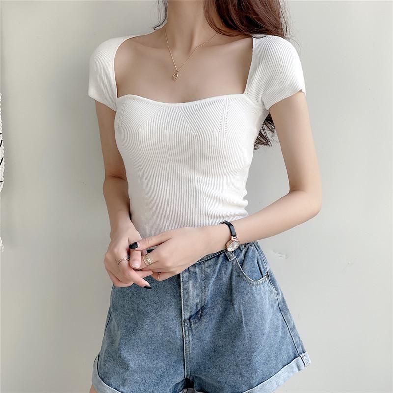 Actual Price Summer Sexy Arc Neckline Knit Shirt Short Section Navel Short-sleeved Tops Casual Essential Comfort and Style Slim Fit Pullovers Tees