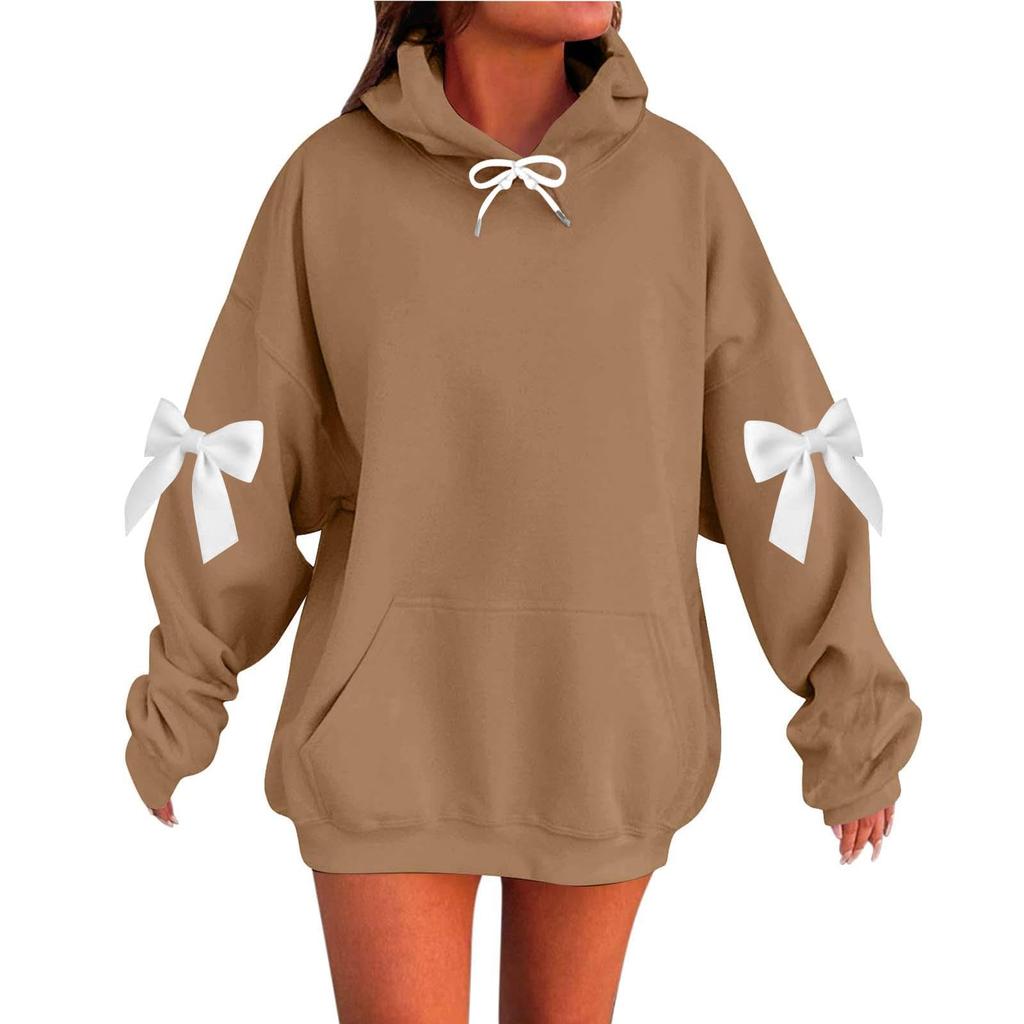 Women's Solid Color Bow Long Sleeved Loose Fitting Headband With Rope Hooded Sweatshirt Top
