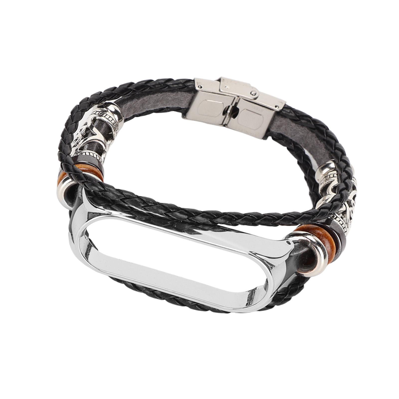 

Кожаный ремешок, совместимый с браслетами Xiaomi Mi Band 6, ремешок для часов в этническом стиле, браслеты Black Silver