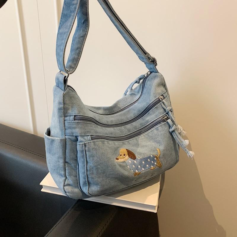 Denim Vintage Shoulder Bag Women Embroidered Cat Crossbody Bag