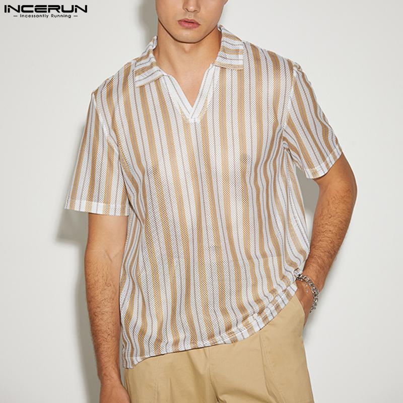 

INCERUN Лето Мужчины Полосатые прозрачные сетки Дышащие рубашки с коротким рукавом Воротник Slim Fit Повседневная свободная блузка Топы Плюс Размер