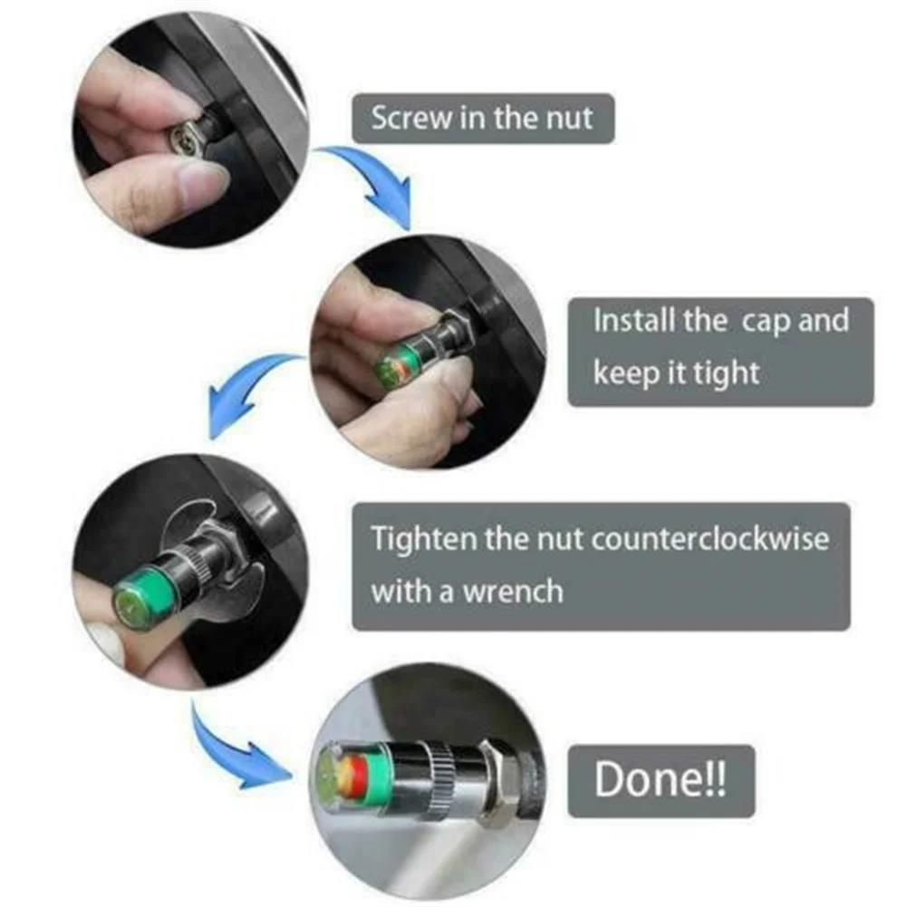 4PCS 2.4Bar Car Tire Pressure Indicator Valve Stem Caps 3 Color Alert Gauge External Monitor Sensor Universal Auto Accessories Valve Stems 1