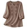 Blusa de Algodón y Lino para Mujer Bordada Floral Cuello en V Manga 3/4 Tops Casuales de Corte Holgado Camisas Tunica para Oficina Vacaciones Streetwear