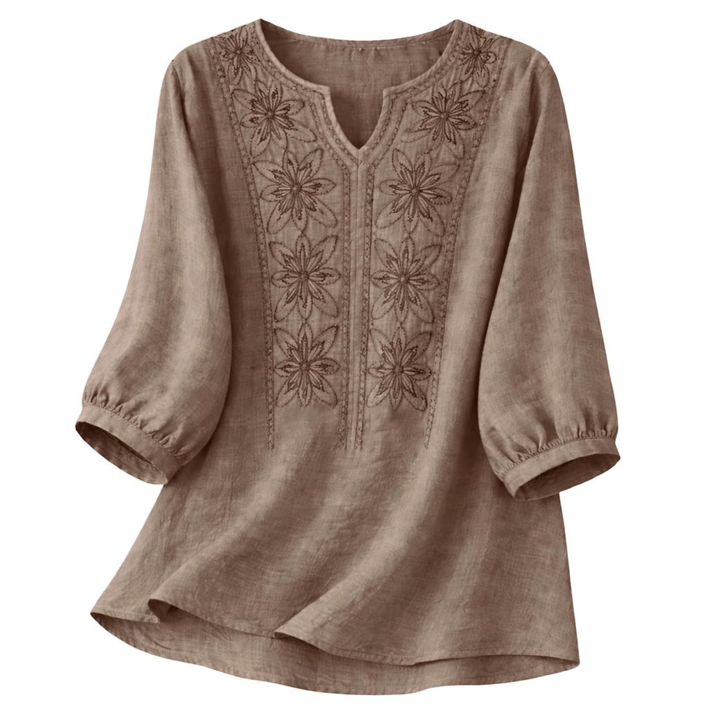 Blusa de Algodón y Lino para Mujer Bordada Floral Cuello en V Manga 3/4 Tops Casuales de Corte Holgado Camisas Tunica para Oficina Vacaciones Streetwear