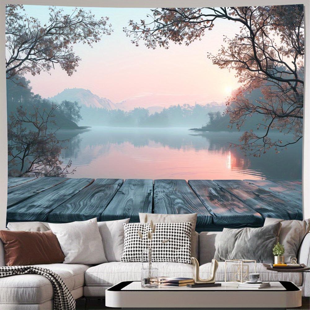 Lake Sunrise Tapestry, Serene Water Reflection with Trees and Mountains, Nature Scenery Wall Art for Living Room Bedroom Decor