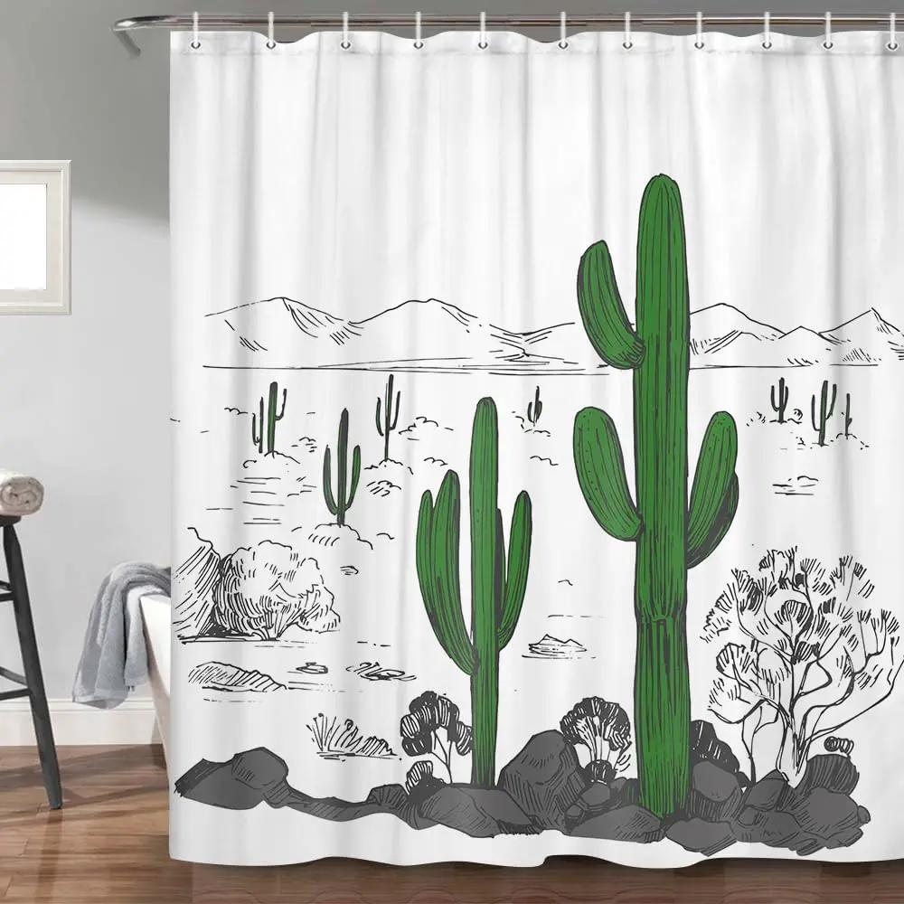 Cactus Shower Curtain Bathroom with Black White Western Decoration, Green Cactus Bathroom Shower Curtain with Hook,