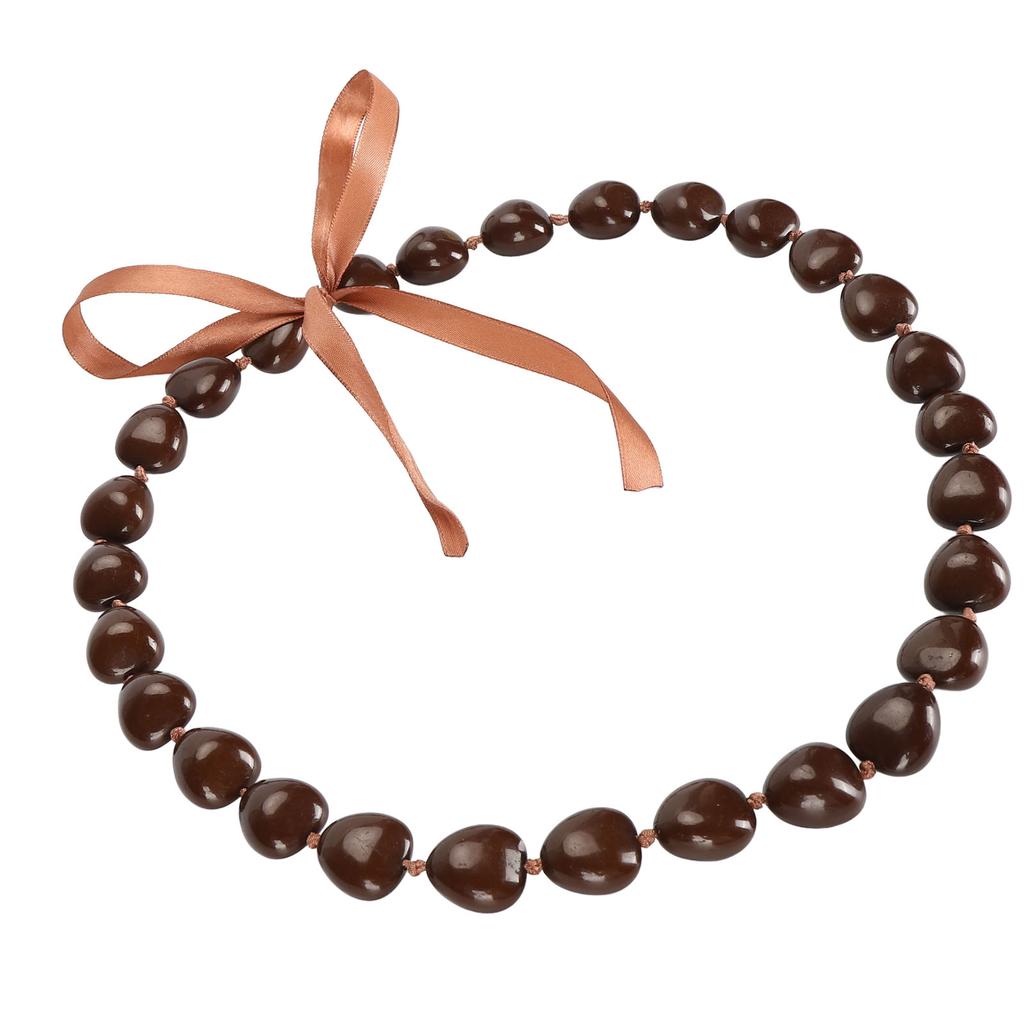 Resin Nut Necklace Good Luck Symbol Kukui Nut Lei Necklace with Ribbon Bow for Graduation Gift Brown
