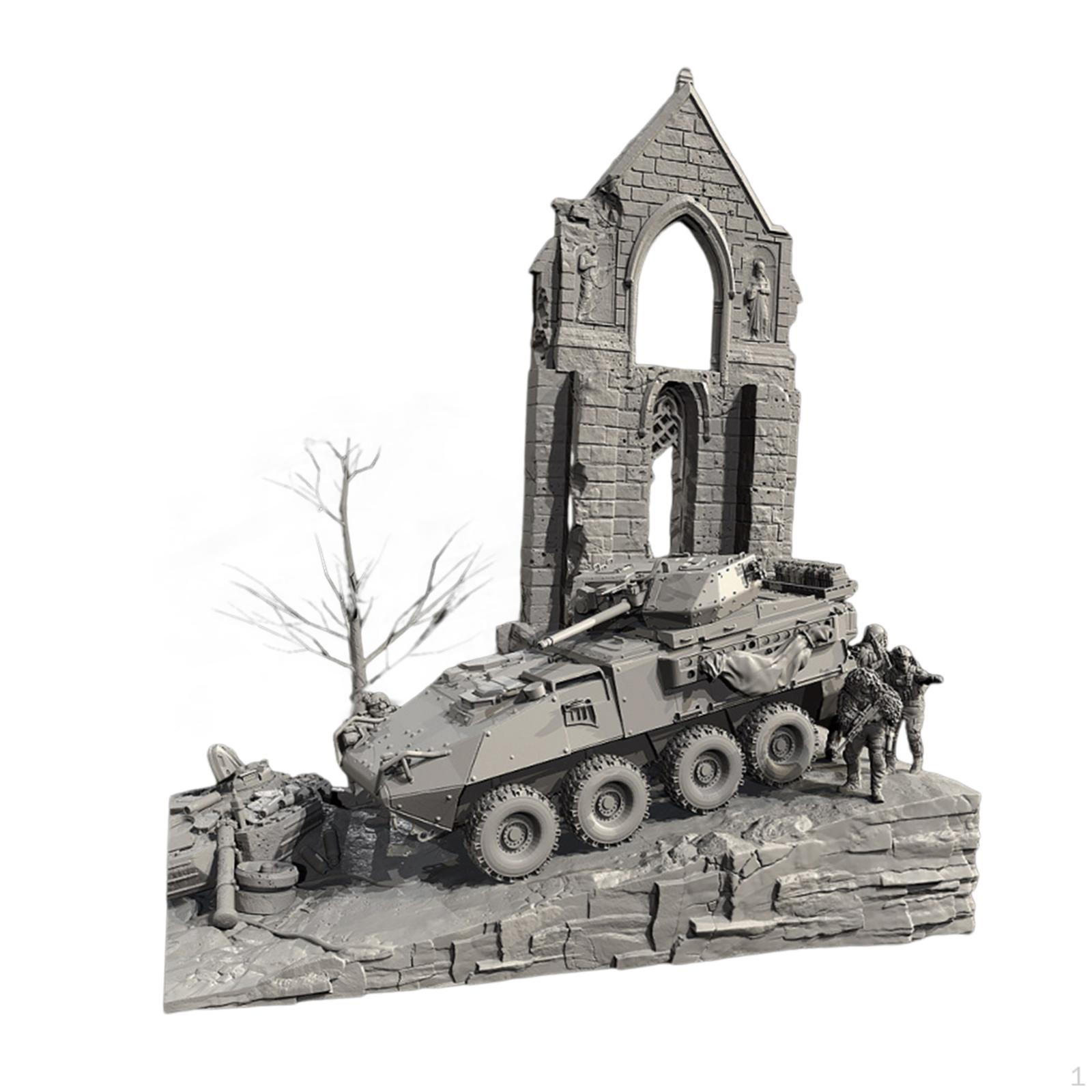 1:72 Ruined House Scene Ornament Miniature Model Diorama Armored Vehicle for Railway Station