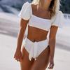 Women Split Beachwear Two-piece Swimsuit Puff Sleeve Bandeau Top Briefs Swimming Suit Beachwear Bikini Outfit Swimwear