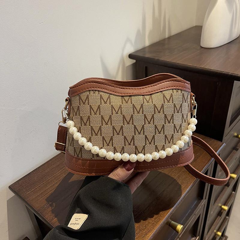 Trendy Black And Beige Pearl Chain Small Bag For Women Stylish Crossbody Purse For 2024 Spring Summer Fashion