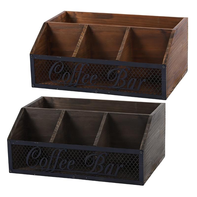 Traditional Wood And Metal Coffee Bar Storage Box For Kitchen Countertop Office Desk With Flexible Sections
