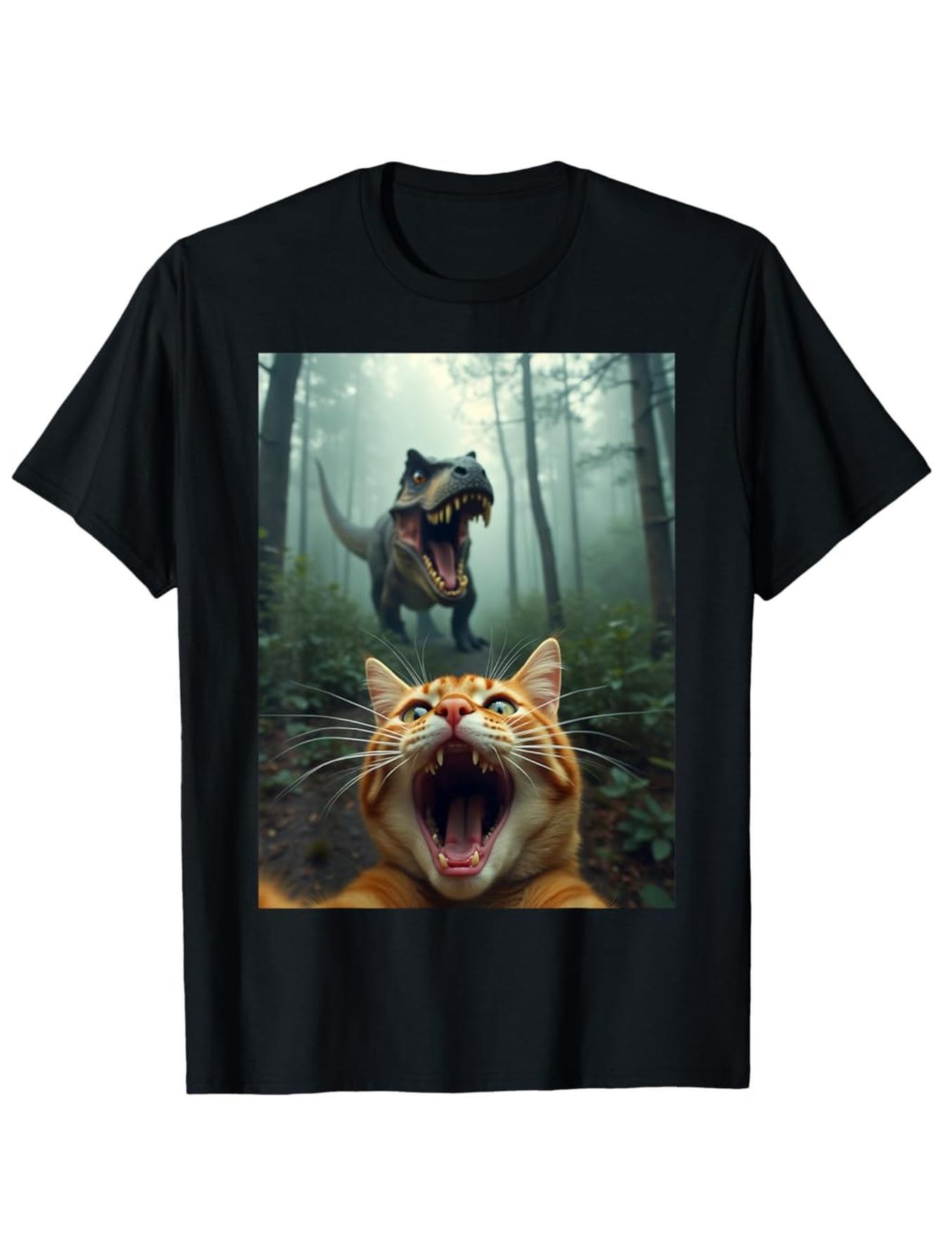 Funny Cat Dinosaur Encounter T-shirt XXL