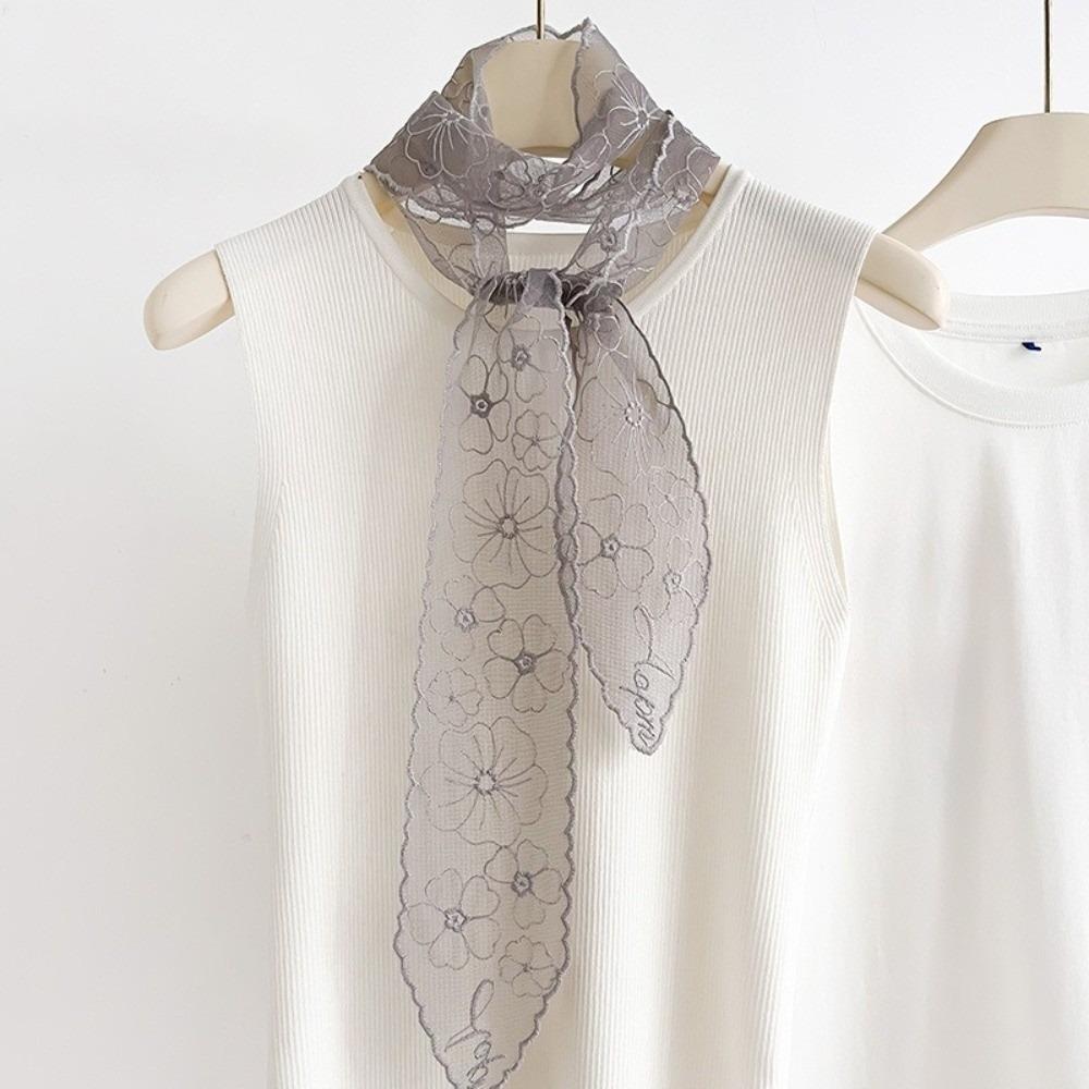 Elegant Retro Narrow Scarf Floral Embroidery Solid Color Chiffon Scarf Long Strip Soft Texture Lace Waist Belt For Women