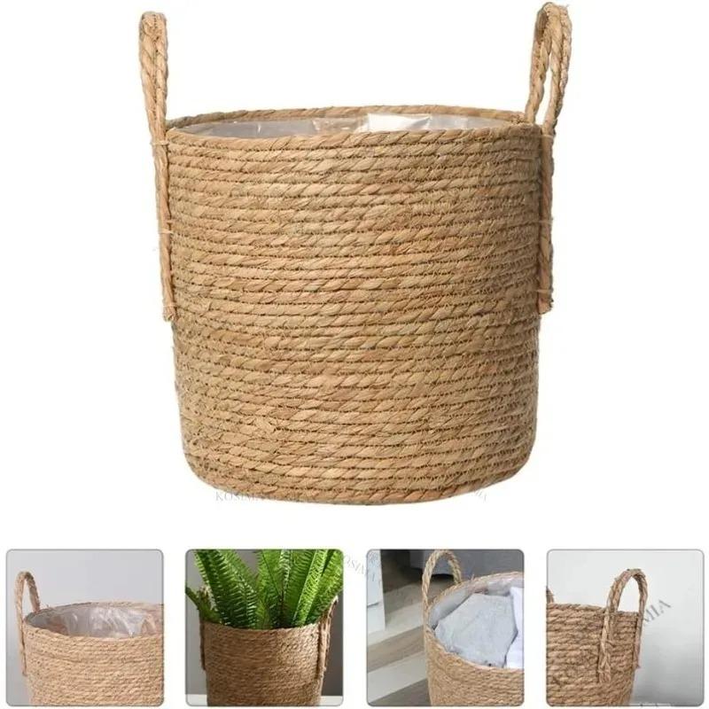 Handmade Straw Flower Pot Large Size Nordic Style for Indoor Plants Seaweed Storage Basket and Green Plant Decor Flower Pot