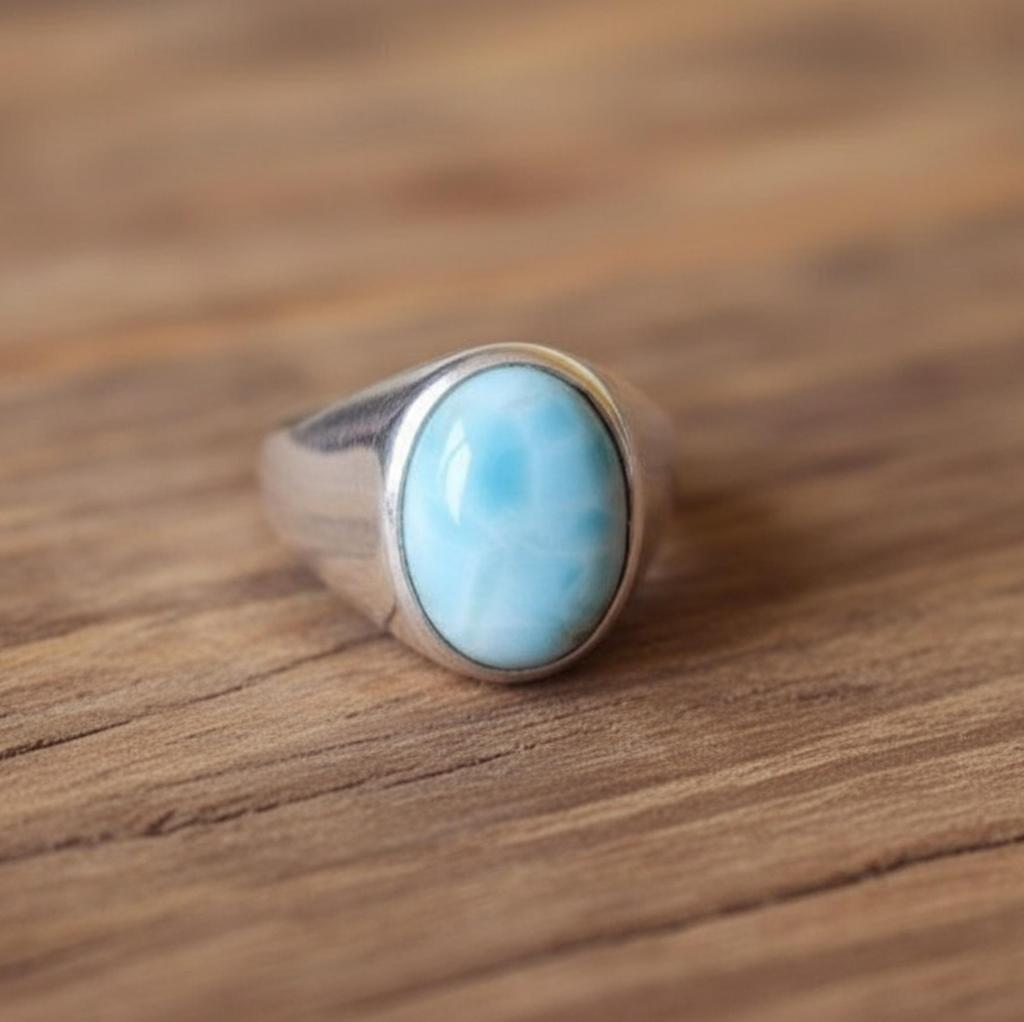 Natural Larimar Signet Ring, 925 Solid Sterling Silver, Oval Larimar Ring, Unisex Handmade Jewelry