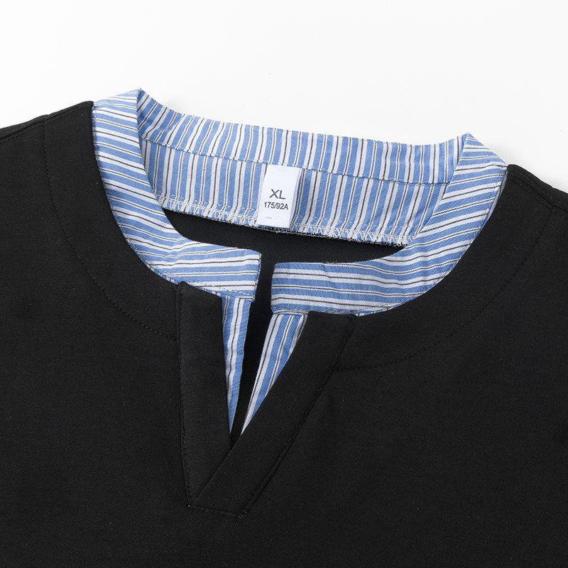 Men's Summer V-Neck Japanese Style Striped Two-Piece Look Shirt