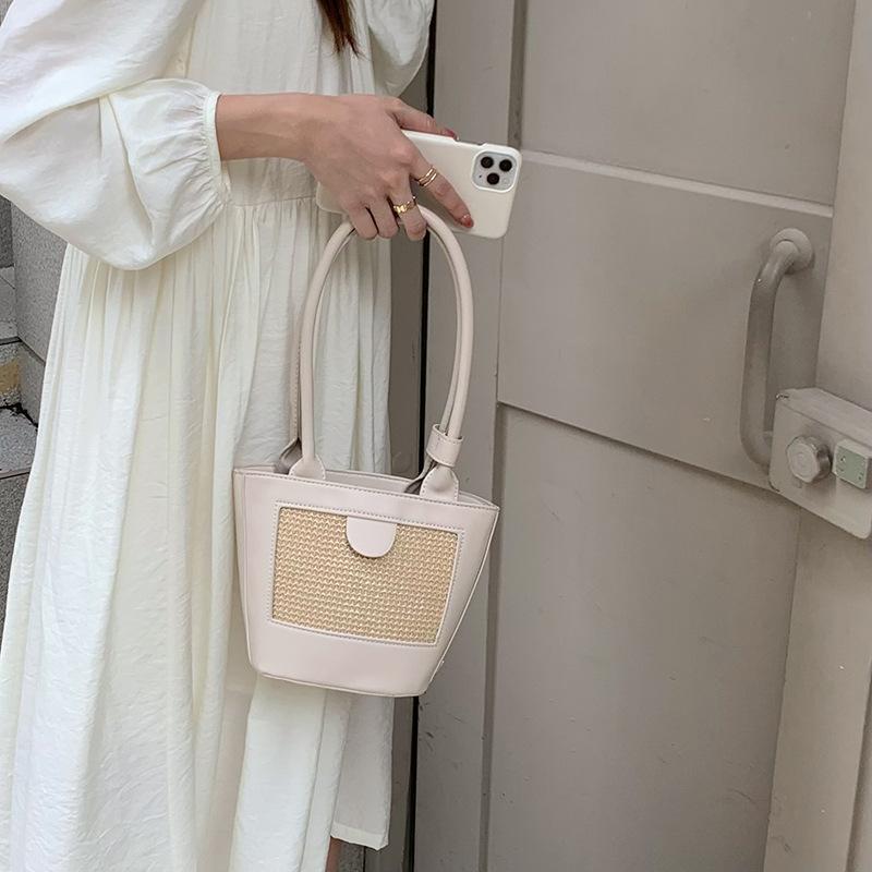 Trendy Straw Handbag Women's Woven Beach Bag Casual Snap Button Satchel Bag Small Braided Shoulder Bag For Travel