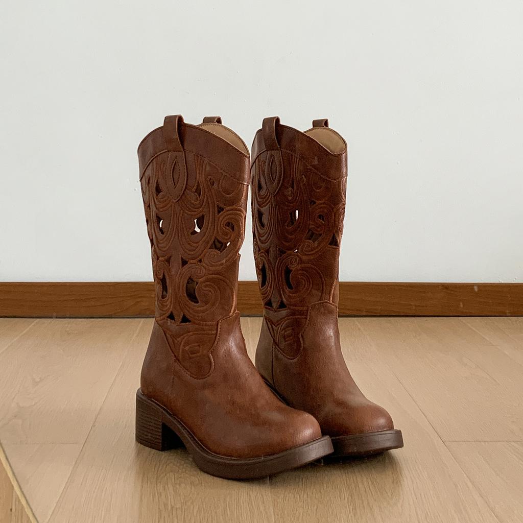 Maillard thick heel western cowboy boots women's retro knight boots 2025 new summer thin hollow long boots