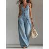 Salopetă denim pentru femei, cu decolteu în V, fără mâneci, croială regulată, cu nasturi în față, buzunar, talie medie, pantaloni lungi cu croială dreaptă, ținută casual vintage de primăvară