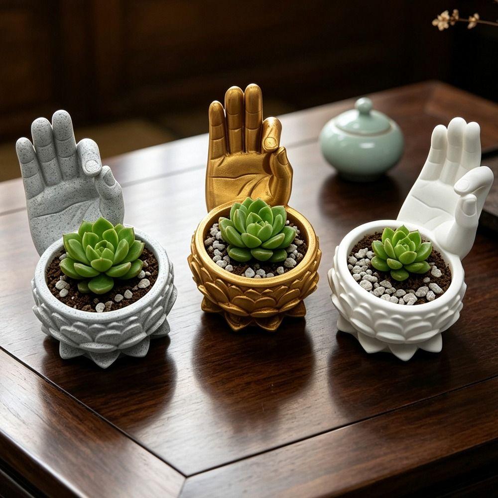 Decorative Pot 3D Printed Lotus Shaped Flower Pot Creative Funny Zen Plant Pot Handmade Ok Hand Flower Container Home Decoration