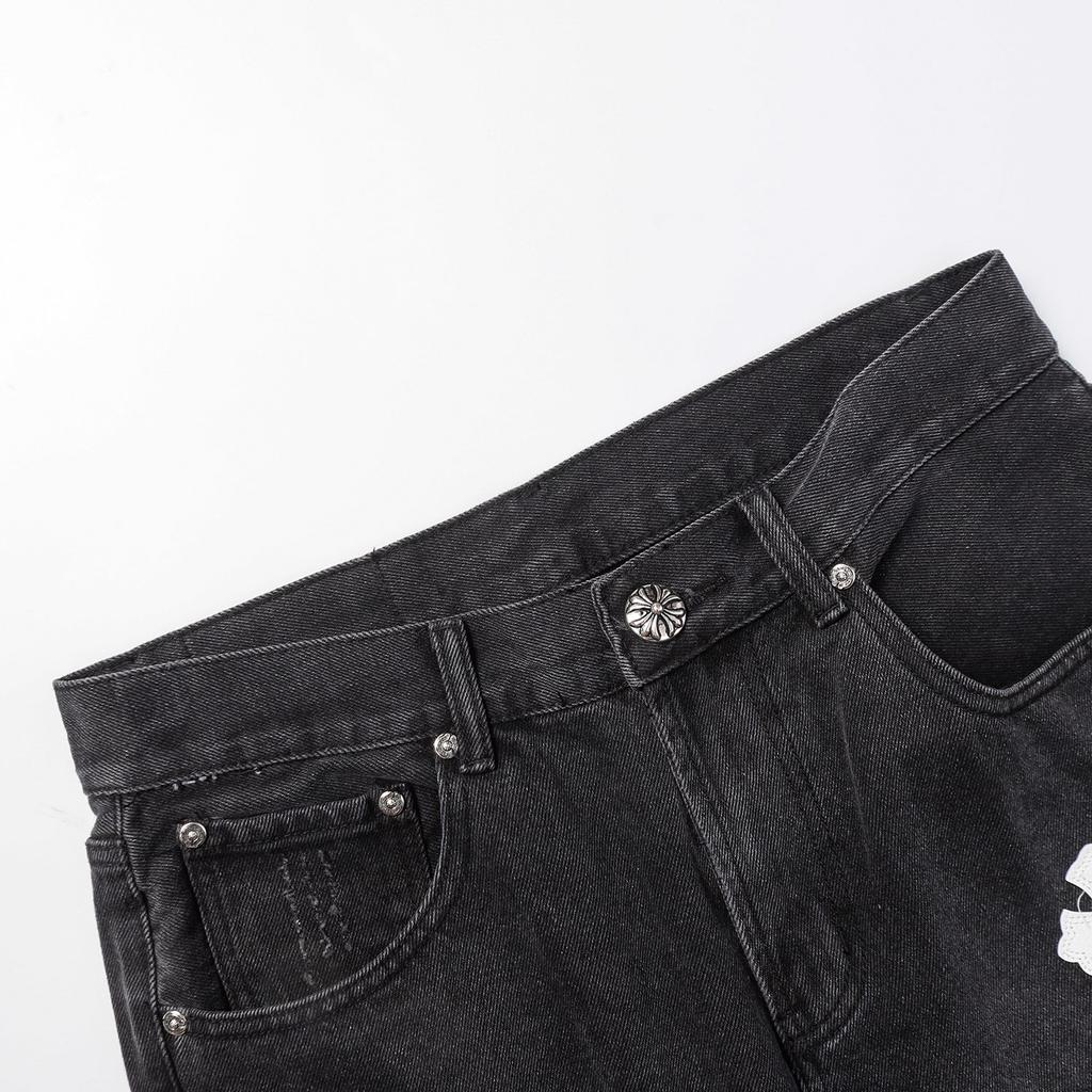 CHROME HEARTS Herren Schwarze Denim Shorts mit Weißen Kreuz-Aufnähern Baggy Streetwear Jorts