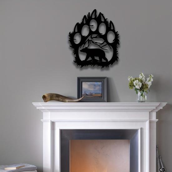 Farmhouse Style Wall Art Metal Hollow Out Bear Art, Rustic Forest Landscape Hanging Sculpture with Paw Handmade Wooden Decoration Prints,