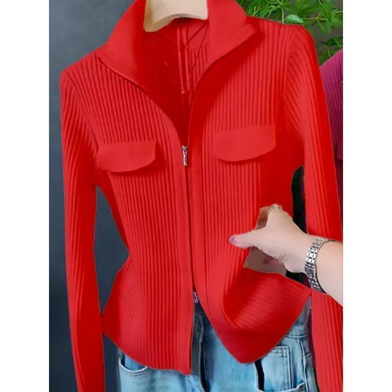 Fashion Zipper Short Knitted Cardigan Sweater Spring Autumn New Korean Versatile Coat Top Turn-Down Col Sweater Solid Color