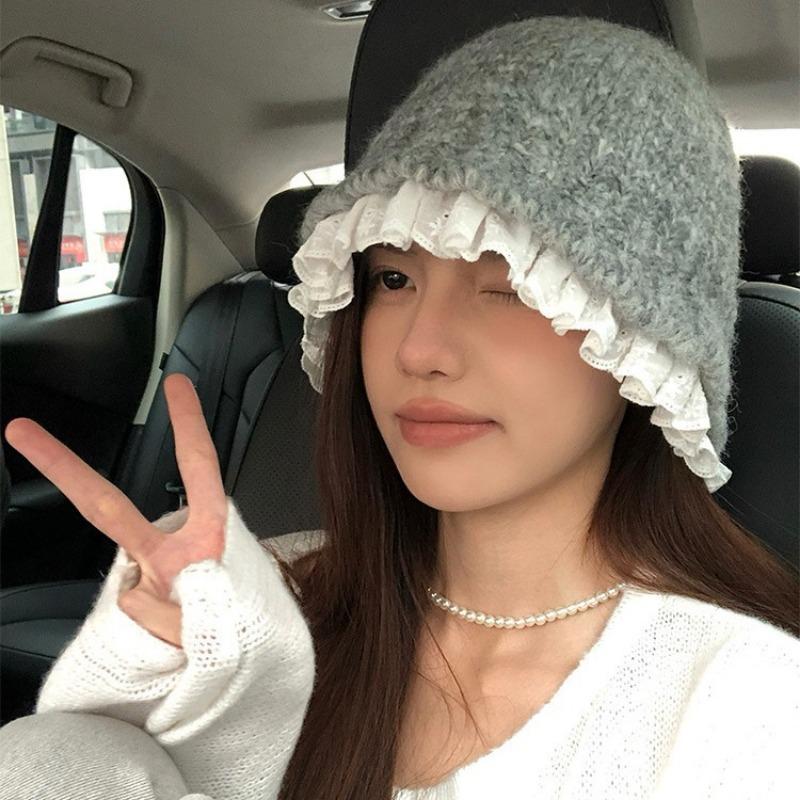 Lace Lace Knitted Bucket Hat Women's Autumn and Winter Sweet Warm Face Small Wool Hat Advanced Sense
