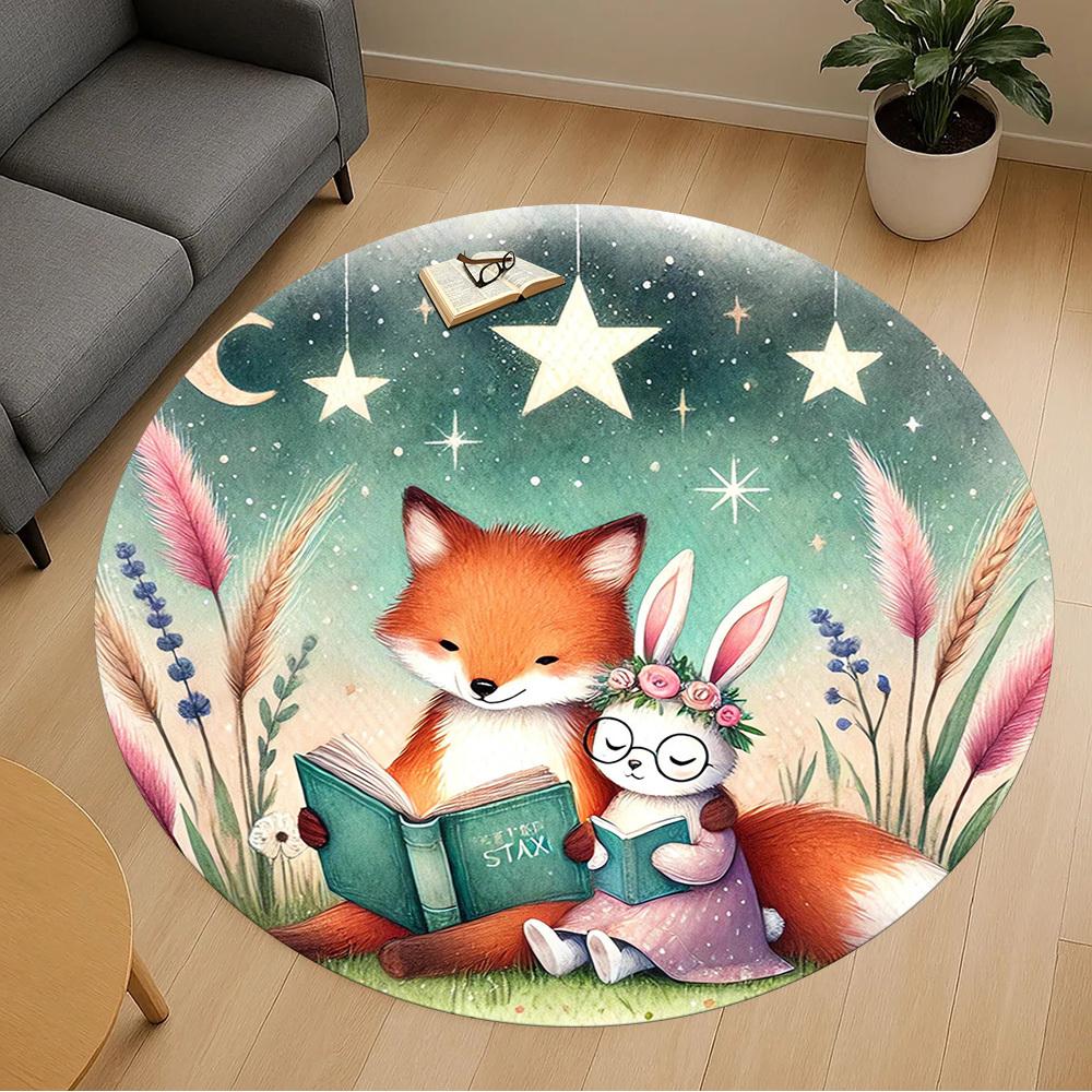 1pc Fox Rabbit Round Chair Mat Area Rug - Non-Slip, Floor Mat for Office, Bedroom, and Indoor Decor -1002059