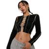 Women V Neck Hollow Out Sexy Slim Navel Exposed Long Sleeved T-Shirt Tops