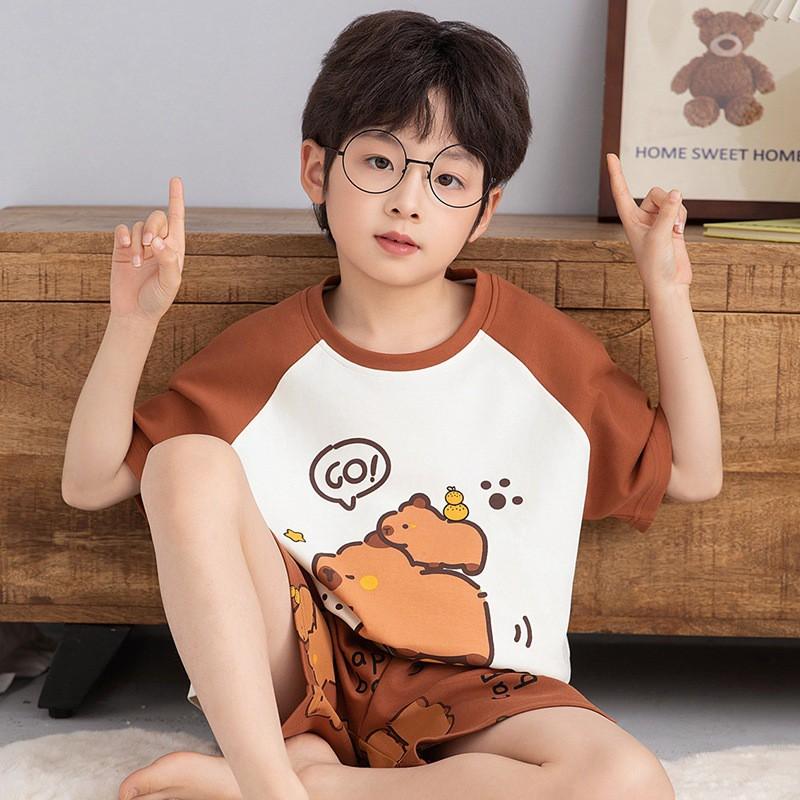 Boys Cotton Short Sleeve Pajama Set Lightweight Sleepwear Kids Teens Home Outfit
