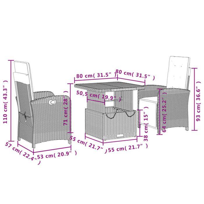 VidaXL Ensemble à Manger de Jardin avec Coussins 3 pcs, Table de Terrasse, Meubles de Patio, Mobilier d'Extérieur, Noir 3277375