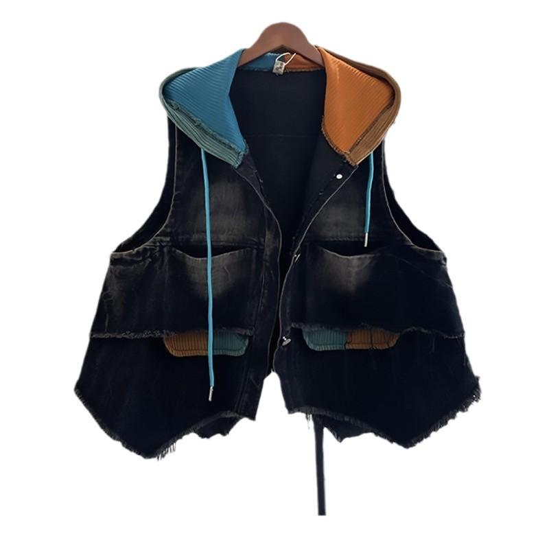 Ensemble deux pièces tendance cool personnalité couleur vieillie assortie jean épais gilet à capuche pantalon Harlan pour femme printemps et automne ample mode