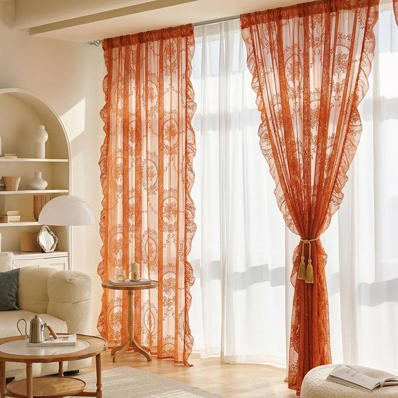 

1PCS Burgundy Lace Curtains Vintage Floral Sheer Door Curtains Cafe Rod Pocket Light Filtering Orange Lace Curtains Wedding Decora Wall Nothing Rod 140*160cm 1PCS