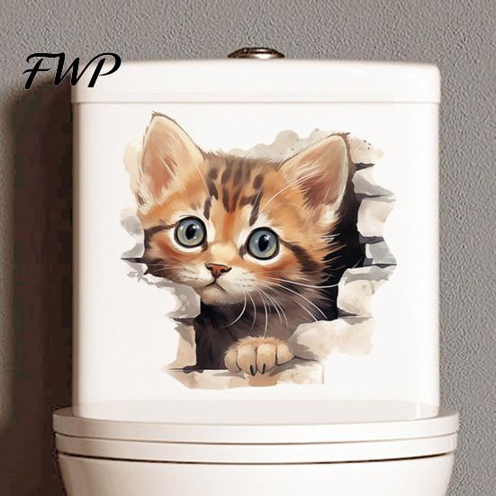 Peel Stick Toilet Decal Broken Wall Cat Sticker, And Decor Easy Application Window Sticker Decal, Removable Waterproof PVC Lid for Bathroom